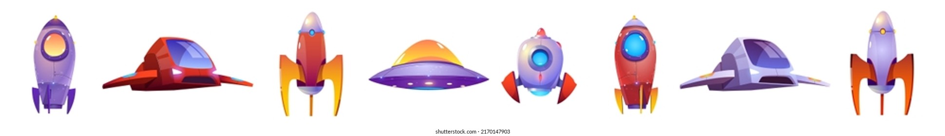 Alien spaceship game icons vector set. Funny rockets, ufo shuttles cartoon collection illustrations isolated on white background. Fantasy cosmic objects, computer game graphic design elements