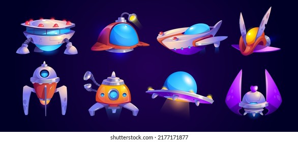 Alien spaceship game icons vector set. Funny rockets, ufo shuttles cartoon collection illustrations isolated on white background. Fantasy cosmic objects, computer game graphic design elements