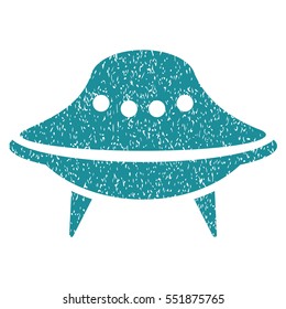 Alien Spaceship grainy textured icon for overlay watermark stamps. Flat symbol with dust texture. Dotted vector soft blue ink rubber seal stamp with grunge design on a white background.