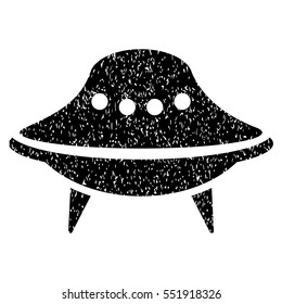 Alien Spaceship grainy textured icon for overlay watermark stamps. Flat symbol with unclean texture. Dotted vector black ink rubber seal stamp with grunge design on a white background.