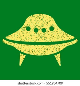 Alien Spaceship grainy textured icon for overlay watermark stamps. Flat symbol with dust texture. Dotted vector yellow ink rubber seal stamp with grunge design on a green background.