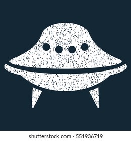 Alien Spaceship grainy textured icon for overlay watermark stamps. Flat symbol with unclean texture. Dotted vector white ink rubber seal stamp with grunge design on a dark blue background.