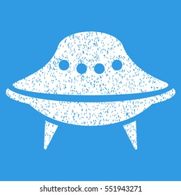 Alien Spaceship grainy textured icon for overlay watermark stamps. Flat symbol with dust texture. Dotted vector white ink rubber seal stamp with grunge design on a blue background.