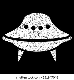 Alien Spaceship grainy textured icon for overlay watermark stamps. Flat symbol with scratched texture. Dotted vector white ink rubber seal stamp with grunge design on a black background.