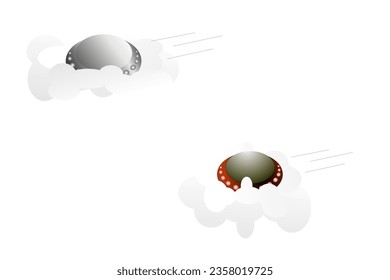 Alien spaceship hiding behind the clouds, ufo. Vector realistic illustration of futuristic flying saucer, unidentified circular aircraft. Galaxy spaceship clipart, flying ship