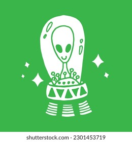 alien spaceship illustration with green background