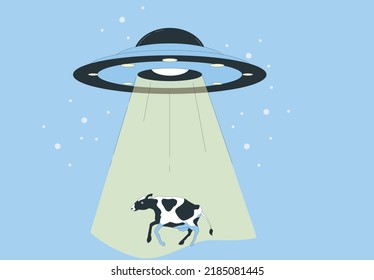 Alien spaceship kidnapping a Cow with the abduction ray. Retro styled poster with cow taken by the UFO or flying saucer. Man being abducted by UFO - Alien abduction concept. 3d rendering