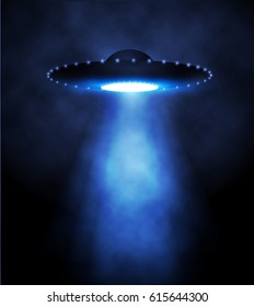 Alien Spaceship With Light Beam And Fog. UFO Vector Illustration.