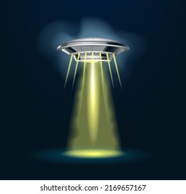 Alien spaceship with  light beam, smoke and glows. 3d vector ufo 