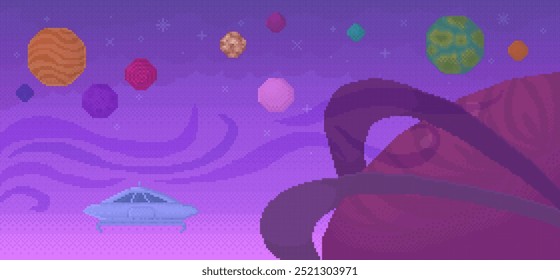 An alien spaceship navigates a vibrant galaxy filled with multi-colored planets and swirling cosmic patterns. Retro pixel art style evokes a sense of nostalgia. Ideal for sci-fi, space exploration