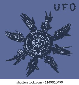 Alien spaceship octopus behind. Invasion of aliens. Vector illustration.
