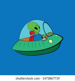 Alien in a spaceship on a blue background