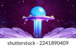 Alien spaceship in outer space. Cartoon vector illustration of flying saucer or UFO spacecraft taking off from planet surface with white smoke trail. Cosmic vehicle in dark sky with sparkling stars