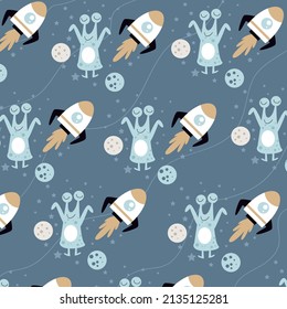 alien and spaceship pattern with stars and moon