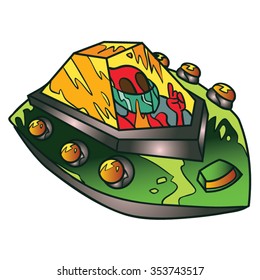 Alien Spaceship - Red Creature In Yellow and Green Ship Cartoon Vector