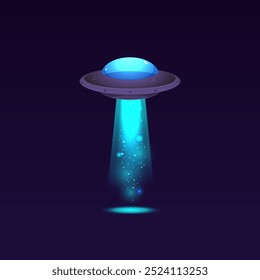 Nave alienígena. Placa redonda com luz cintilante azul. OVNI. A nave escaneia a superfície do planeta. Explorando as profundezas do Universo. Ilustração de vetor de desenhos animados isolada em fundo escuro.