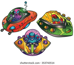 Alien Spaceship Set of 3 - Red, Green and Yellow Ships Cartoon Vector