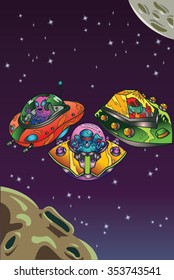 Alien Spaceship Set of 3 In Space Background - Red, Green and Yellow Cartoon Vector