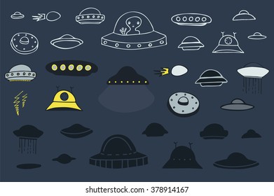 alien spaceship silhouette outline color set