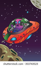 Alien Spaceship In Space Background  - Purple Creature In Orange and Green Ship Cartoon Vector