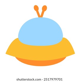 Alien spaceship, spacecrafts and UFO. Cosmic ship in form saucer for transportation. Children clip art. Vector cartoon flat illustration for space design.