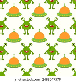 Alien spaceship, spacecrafts and UFO and Cute green alien or monster seamless pattern. Kids design. Children Cosmic ship. Vector flat illustration.