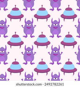 Alien spaceship, spacecrafts and UFO and Cute purple alien or monster seamless pattern. Kids design. Children Cosmic ship. Vector flat illustration.