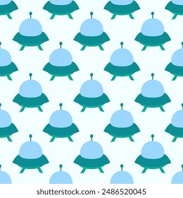 Alien spaceship, spacecrafts and UFO Seamless Pattern. Cosmic ship in form saucer for transportation. Children design. Vector cartoon flat illustration.