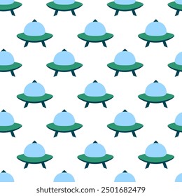 Alien spaceship, spacecrafts and UFO Seamless Pattern. Cosmic ship in form saucer for transportation. Children design. Vector cartoon flat illustration.