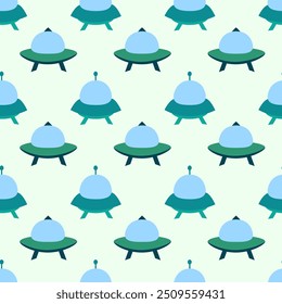 Espaçonave alienígena, naves espaciais e UFO Seamless Pattern. Navio cósmico em forma de disco para transporte. Desenho infantil. Ilustração plana em desenho animado de vetor.