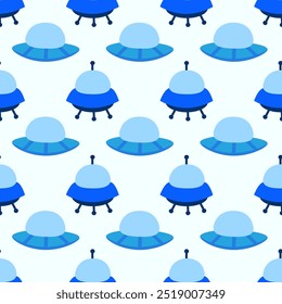 Alien spaceship, spacecrafts and UFO Seamless Pattern. Cosmic ship in form saucer for transportation. Children design. Vector cartoon flat illustration.