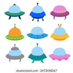 Alien spaceship, spacecrafts and UFO set in cartoon style. Cosmic ship in form saucer for transportation. Children clip art. Vector flat illustration for space design.