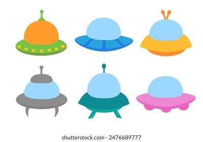 Alien spaceship, spacecrafts and UFO set. Cosmic ship in form saucer for transportation. Children clip art. Vector cartoon flat illustration for space design.