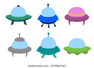 Alien spaceship, spacecrafts and UFO set. Colorful cosmic ship in form saucer for transportation. Children clip art. Vector cartoon flat illustration for space design.