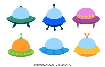 Alien spaceship, spacecrafts and UFO set. Colorful cosmic ship in form saucer for transportation. Children clip art. Vector cartoon flat illustration for space design.