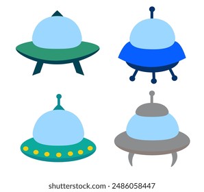 Alien spaceship, spacecrafts and UFO set. Cosmic ship in form saucer for transportation. Children clip art. Vector cartoon flat illustration for space design.