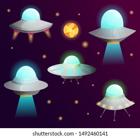 Alien spaceship, spacecrafts and ufo vector set in cartoon style. Cosmic ship in form saucer for transportation.