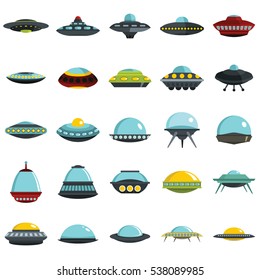 Alien spaceship, spacecrafts and ufo vector set in cartoon style. Cosmic ship in form saucer for transportation,  illustration for space design