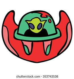 Alien Spaceship Square Red and Green Cartoon Vector