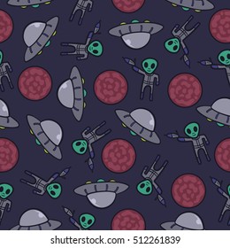 alien and spaceship style seamless pattern