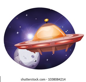 Alien Spaceship Traveling On Space Background/
Illustration of an alien rocket spaceship flying through outer space among planets and stars
