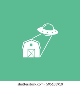 Alien Spaceship UFO And Barn Flat Icon On Green Background