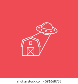 Alien Spaceship UFO And Barn Line Icon On Red Background