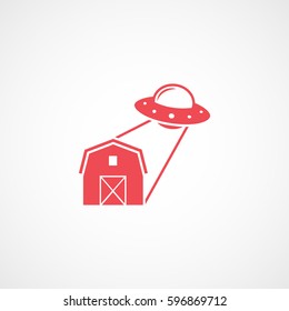 Alien Spaceship UFO And Barn Red Flat Icon On White Background