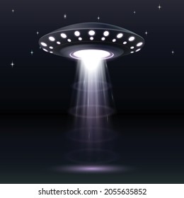 Alien spaceship, ufo with blue light beam. Realistic futuristic flying saucer, unidentified round rocket over dark sky. Galaxy spacecraft, glow rocketship. 3d vector illustration