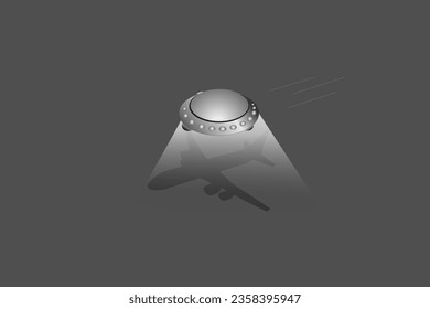 Alien spaceship, ufo camouflaged with commercial aircraft. Vector realistic illustration of futuristic flying saucer, unidentified circular plane. Clipart galaxy spaceship, flying ship