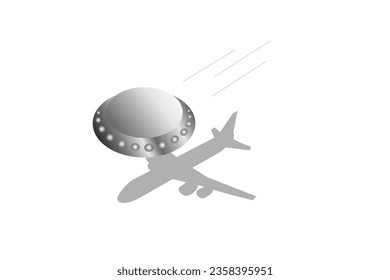 Alien spaceship, ufo camouflaged with commercial aircraft. Vector realistic illustration of futuristic flying saucer, unidentified circular plane. Clipart galaxy spaceship, flying ship