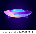 Alien spaceship, ufo in cosmos. Vector cartoon illustration of futuristic flying saucer, unidentified round rocket. Clipart of galaxy spacecraft, rocketship icon