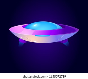 Alien spaceship, ufo in cosmos. Vector cartoon illustration of futuristic flying saucer, unidentified round rocket. Clipart of galaxy spacecraft, rocketship icon