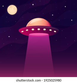 Alien spaceship. UFO flying with lights at night. World UFO day. Vector illustration